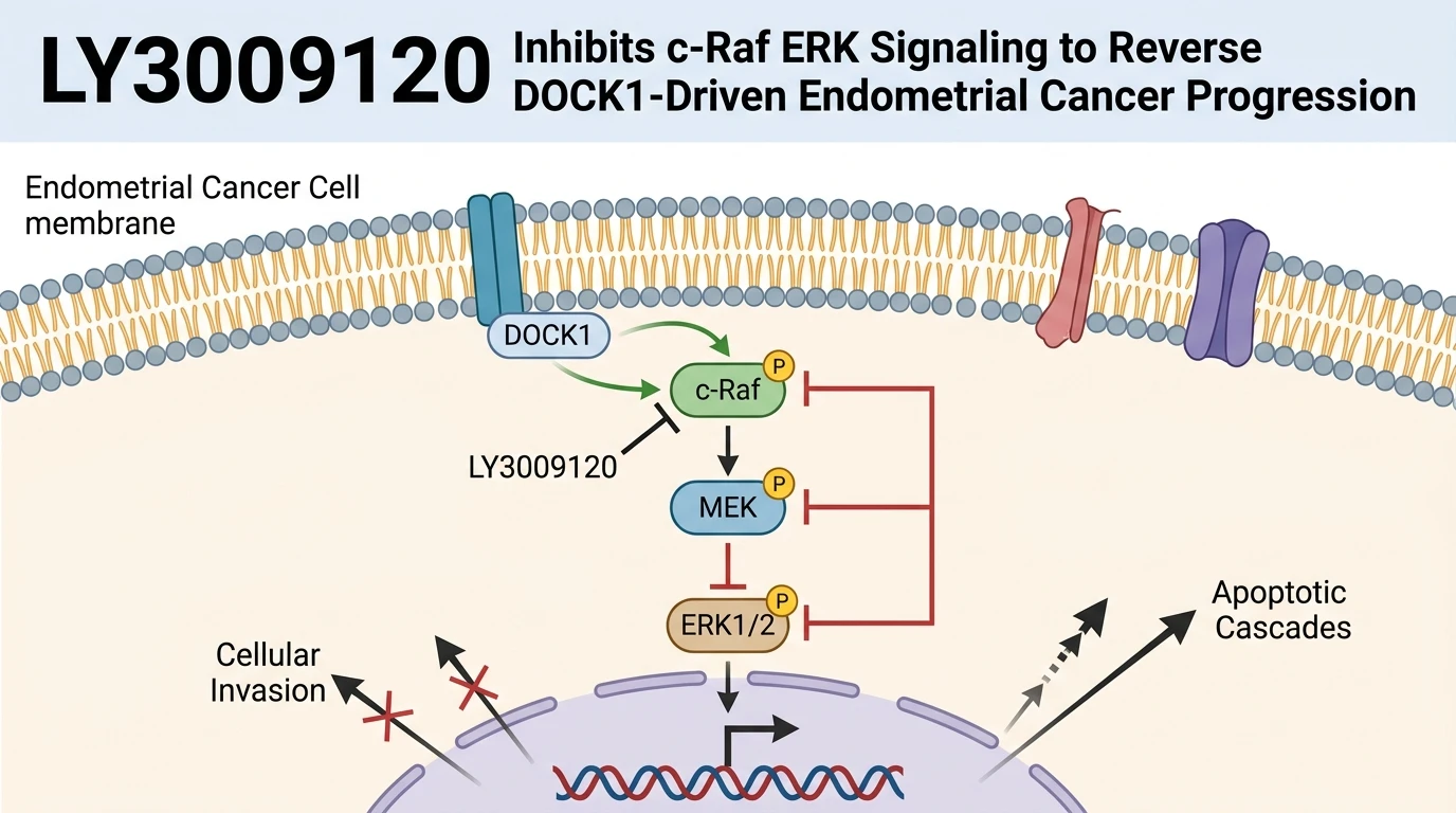 Schematic diagram of c-Raf ERK signaling pathway in endometrial cancer showing LY3009120 kinase inhibition