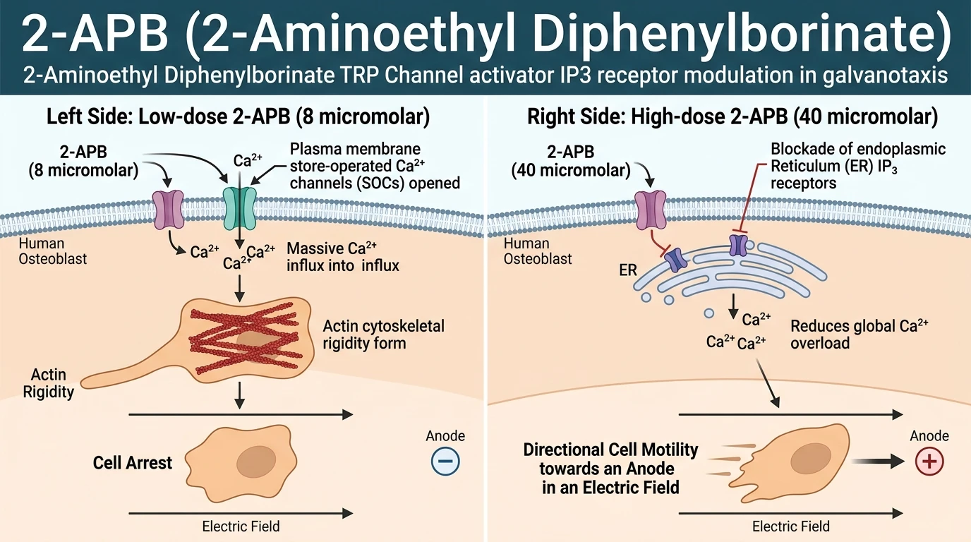 Schematic diagram of IP3 receptor store-operated Ca2+ signaling pathway modulating osteoblast galvanotactic motility