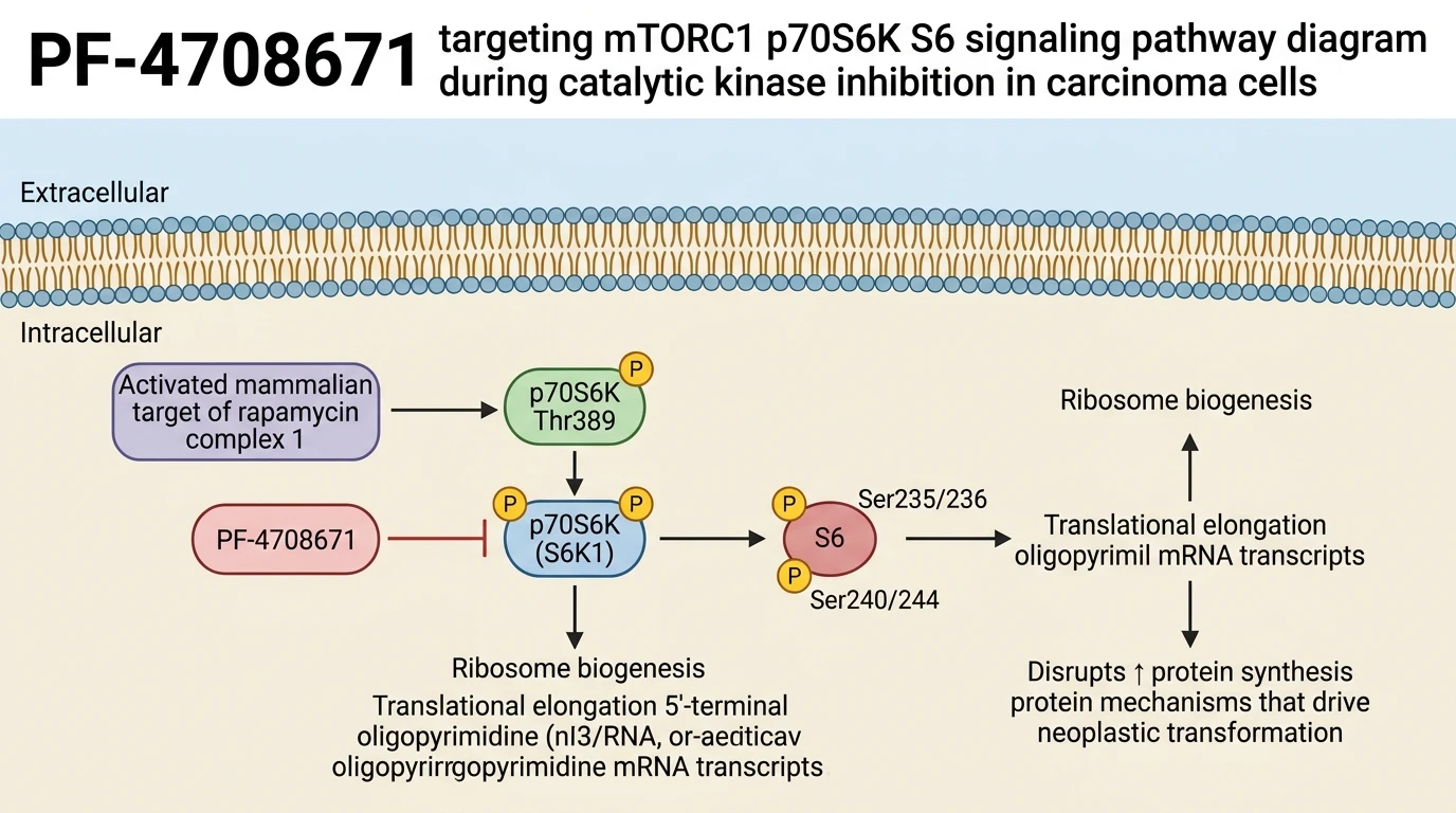 PF-4708671 targeting mTORC1 p70S6K S6 signaling pathway diagram during catalytic kinase inhibition in carcinoma cells