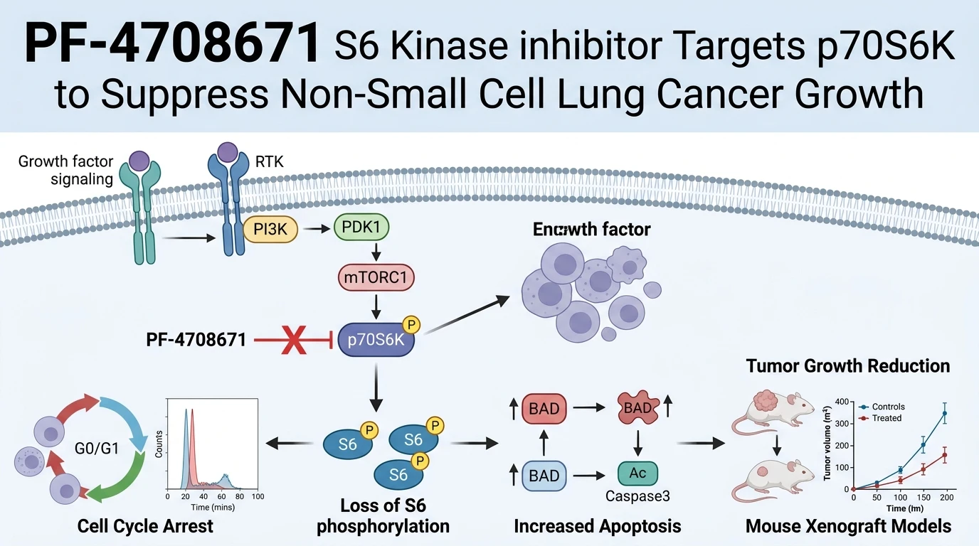 Schematic diagram of mTORC1 p70S6K S6 signaling pathway inhibition by small molecule in carcinoma models