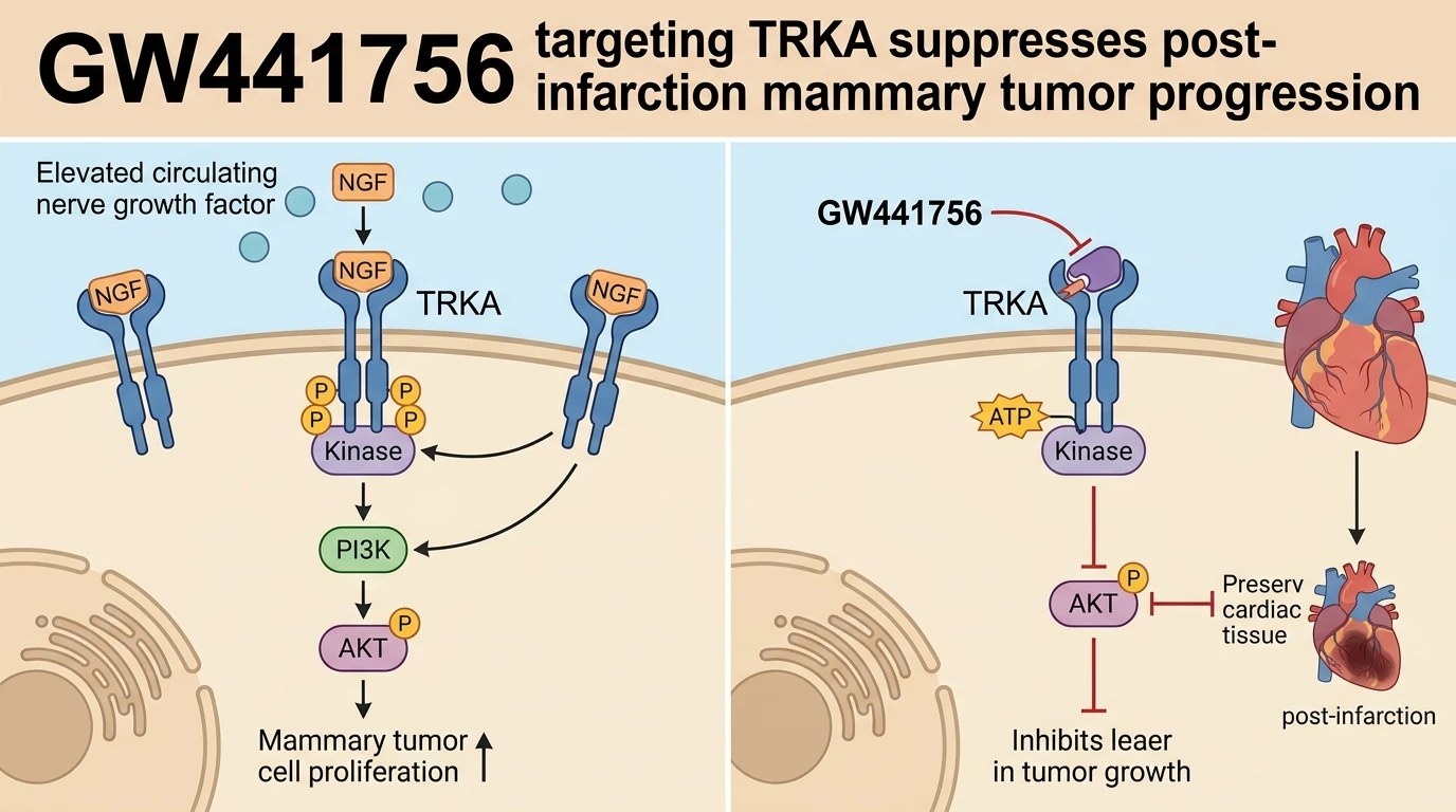 Schematic illustration of NGF TRKA PI3K AKT pathway attenuation during heart failure