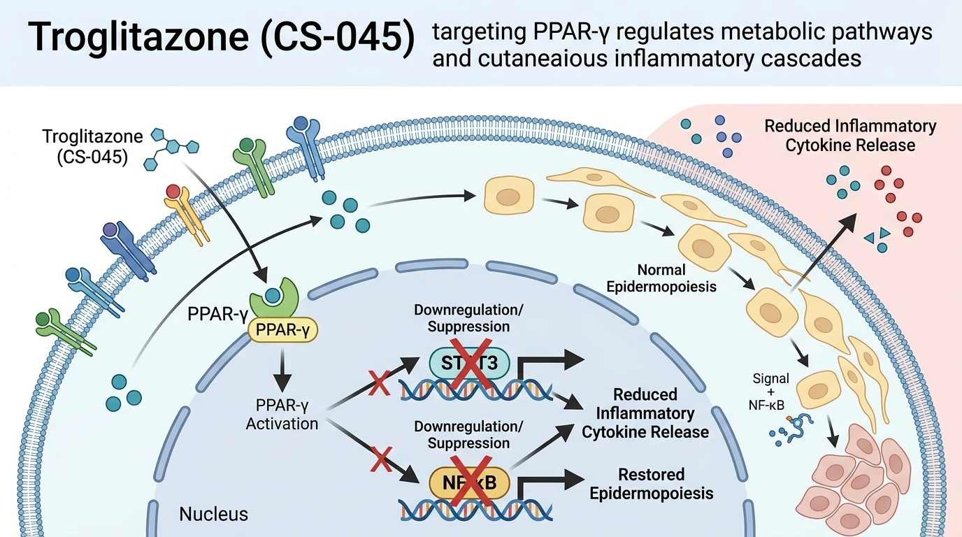 Schematic diagram of PPAR gamma signaling pathway in keratinocytes showing metabolic regulation and inflammatory inhibition