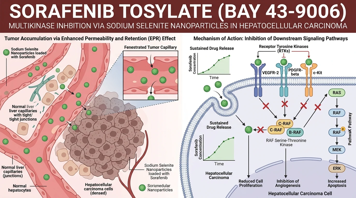 Schematic diagram of RAF MEK ERK signaling pathway inhibition by multikinase targeting in liver cancer cells