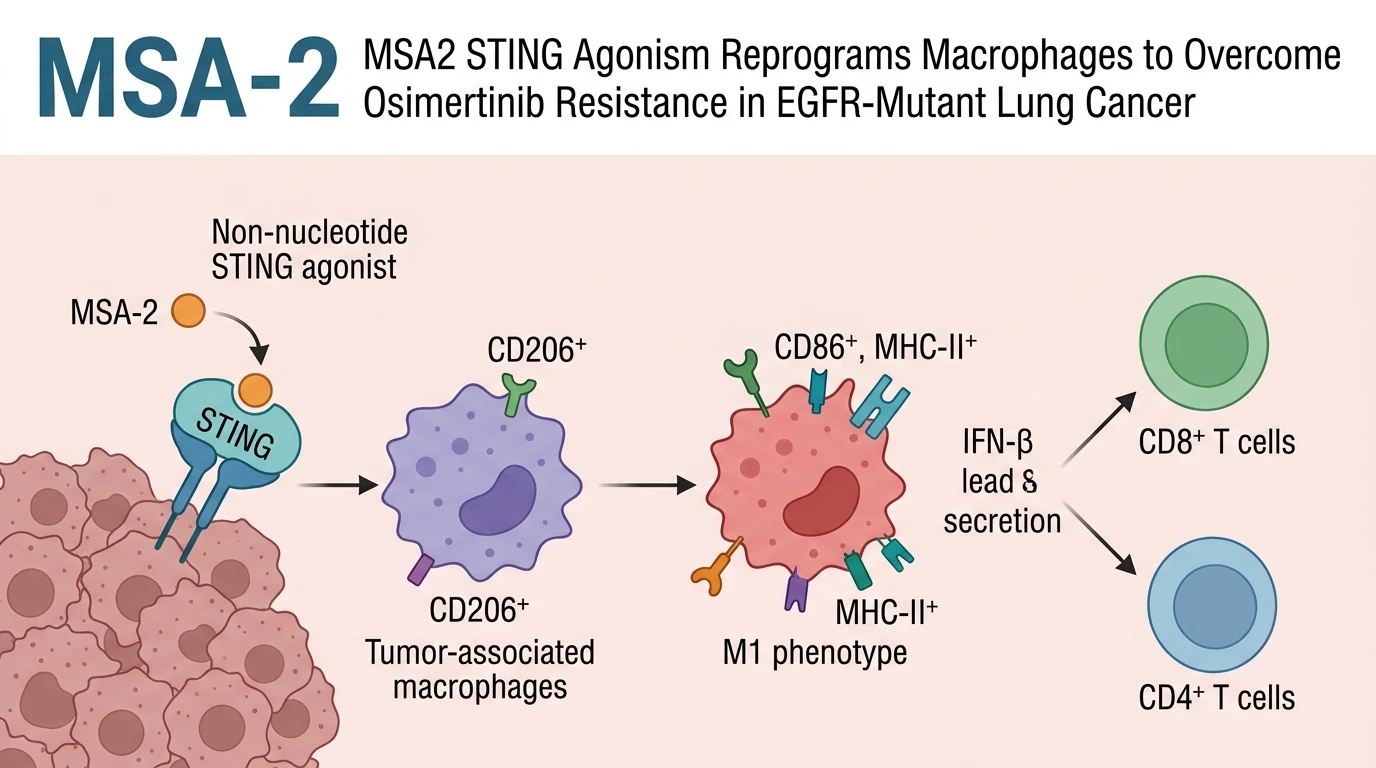 Schematic diagram of STING signaling pathway reprogramming tumor macrophages to restore T cell activity