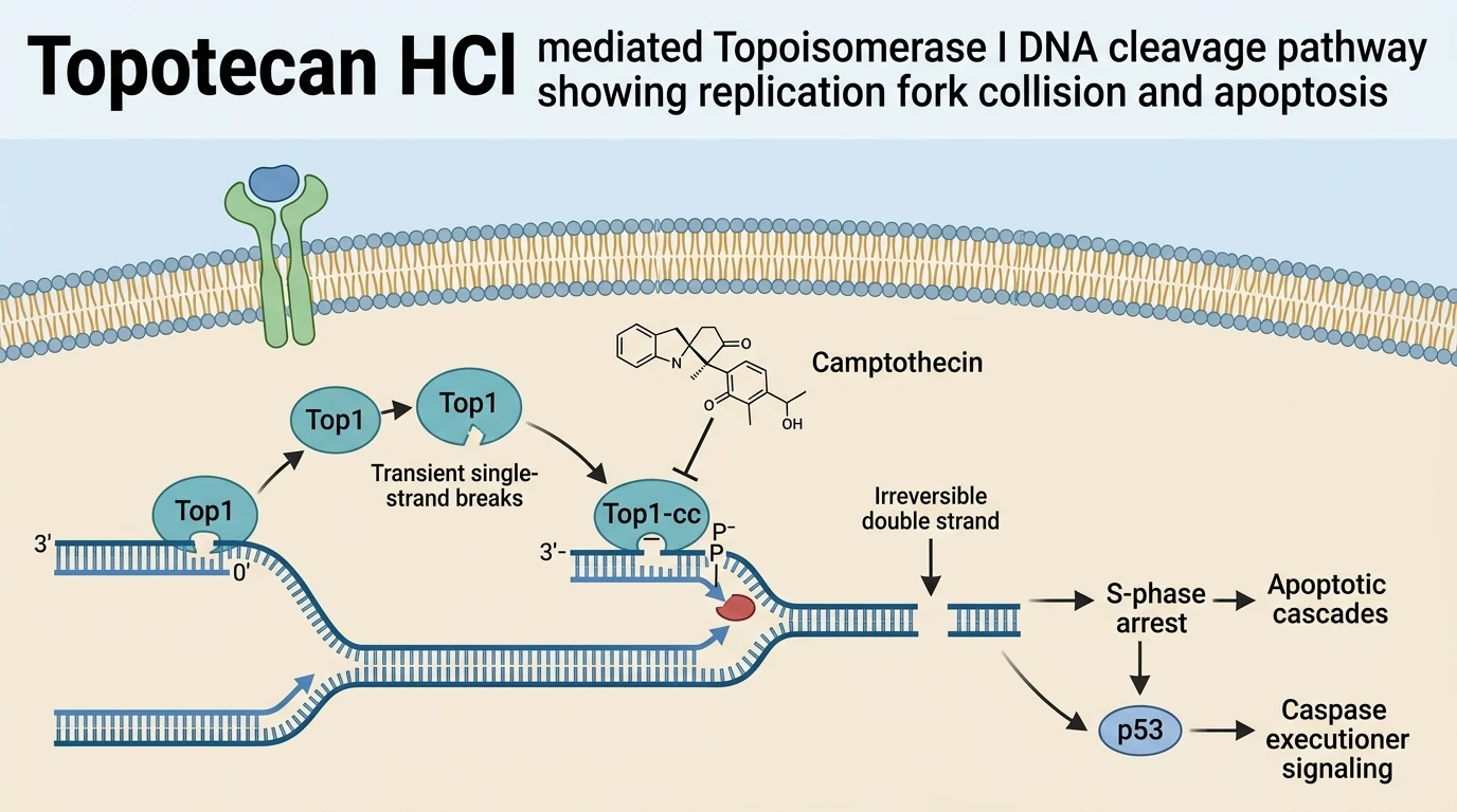 Topotecan HCl mediated Topoisomerase I DNA cleavage pathway diagram showing replication fork collision and apoptosis