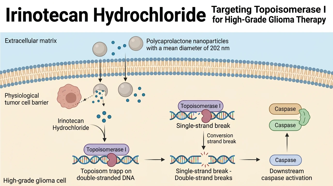 Schematic diagram of DNA topoisomerase I replication pathway inhibition in human brain tumor cells
