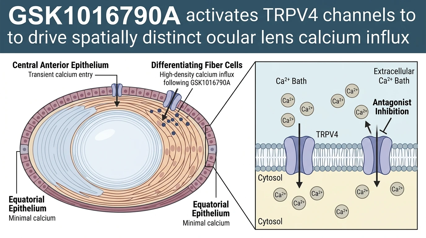 Schematic diagram of TRPV4 calcium signaling pathway in lens cells showing selective agonist activation