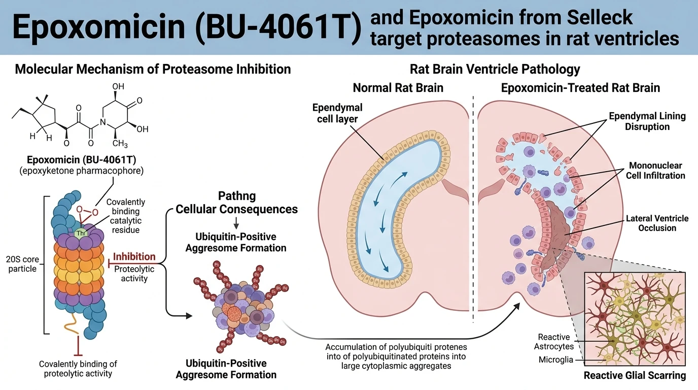 Schematic diagram of ubiquitin-proteasome system pathway suppression inducing ependymal apoptosis and glial scar formation